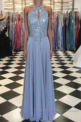 Long Silver Chiffon Semi Formal Prom Dresses Halter Evening Gowns New Arrival
